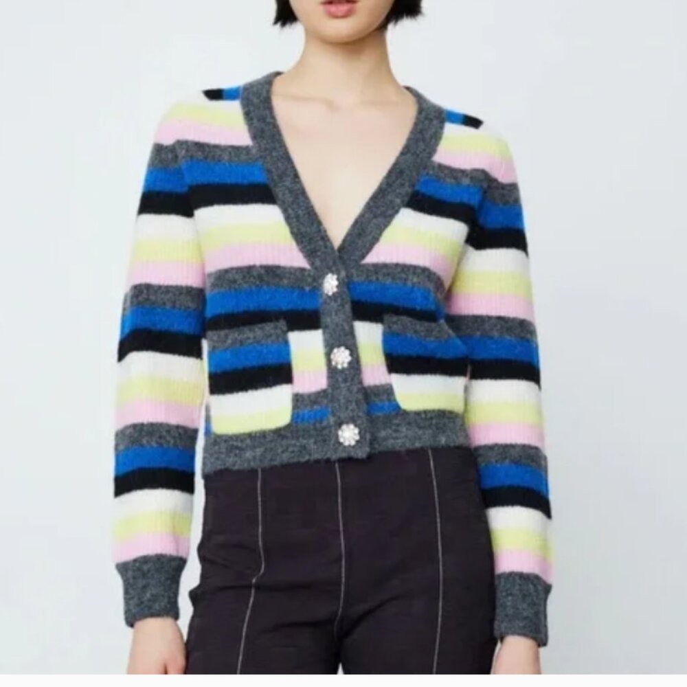 GANNI Alpaca Wool Striped Multicolor V Neck Knit Cardigan Crystal Button Size XS